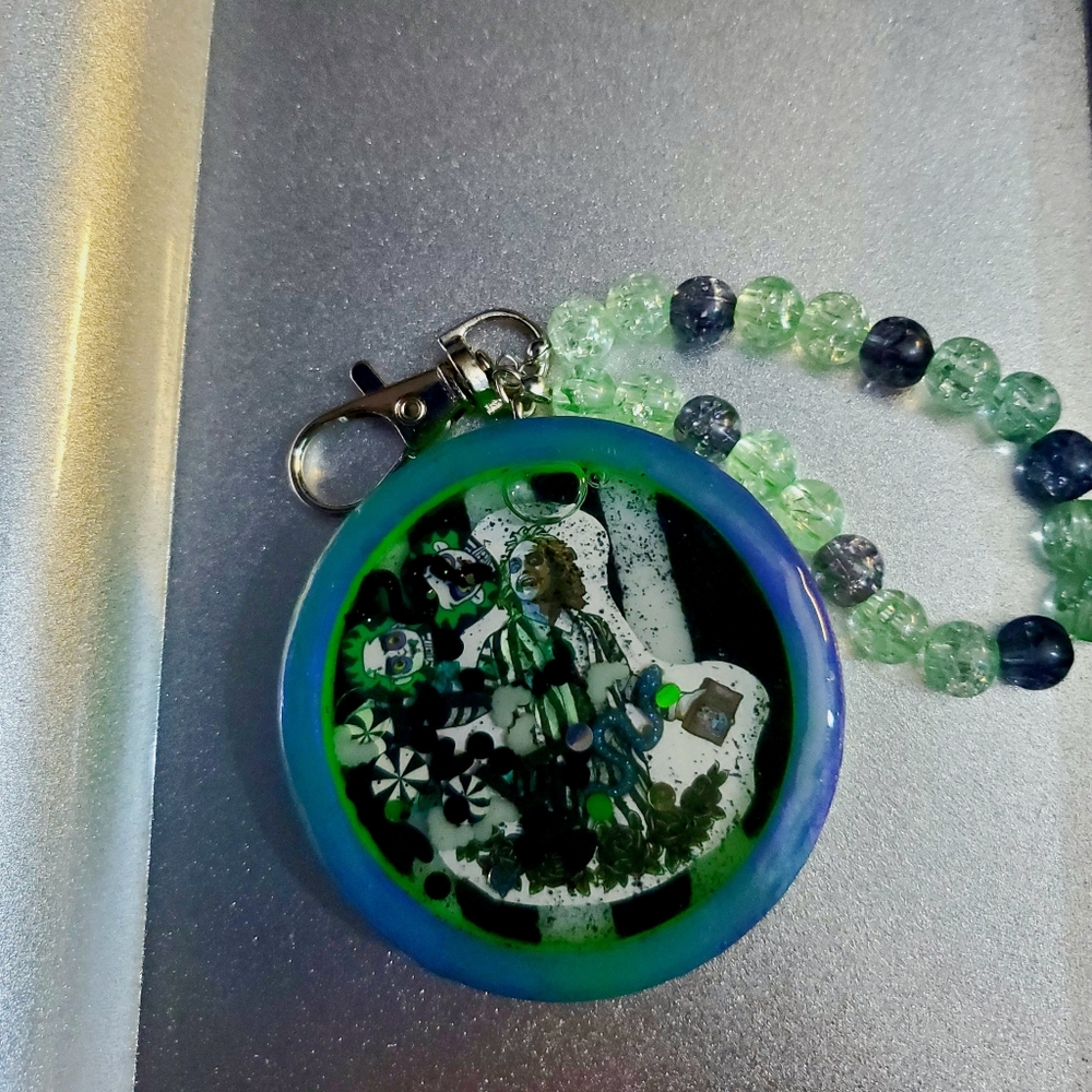 Beetle juice keychain /bagclip shaker resin art